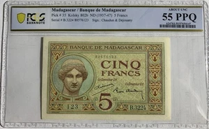 1937-47 MADAGASCAR P-35 KOLSKY 5 FRANCS PMG 55PPQ - Picture 1 of 3