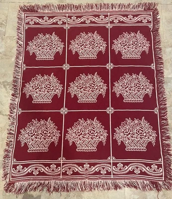 Vintage Woven Tapestry Blanket Floral Throw Red White Reversible Fringe 54x44 - Image 1 of 4