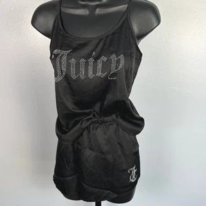 Set cami e pantaloncini Juicy Couture nero raso strass logo nuovo con etichette Y2K pigiama S - Foto 1 di 6
