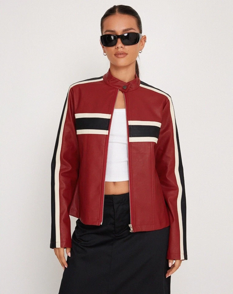 Women's Red Leather Jacket Biker Striped Moto Lambskin Coat  - Image 1 of 4