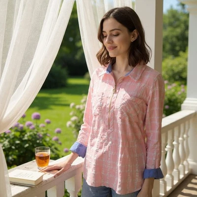 Blusa Tommy Hilfiger XL 3/4 zíper rosa branco xadrez denim punhos bolsos colarinho LS - Imagem 1 de 4