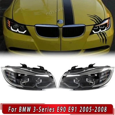 For 2005-2008 BMW 3-Series E90 E91 Black Front Headlight LED 3D Crystal U-Halo Foto 1 de 4