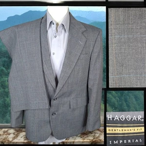 Haggar 2 Piece Suit Mens 40S 32X29 Gray Plaid Wool Blend Vintage Flaw - Picture 1 of 18