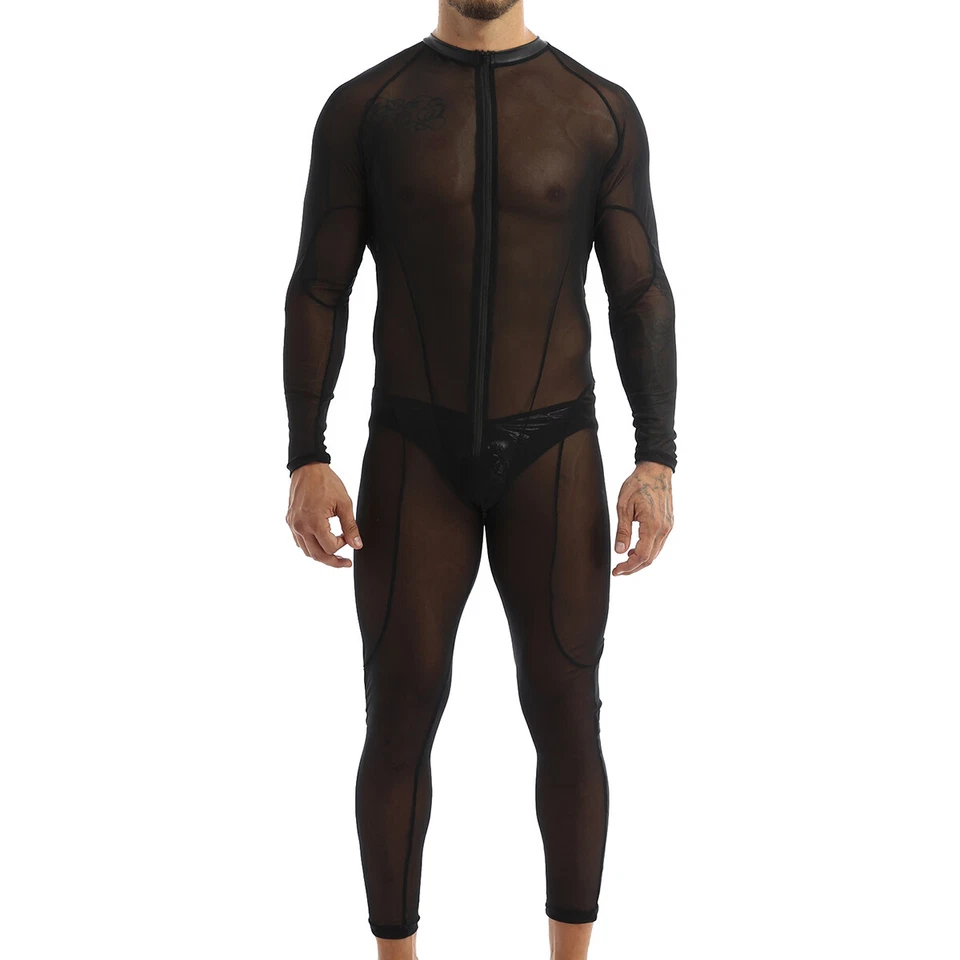 Men Faux Leather Bodysuit Mesh Leotard One Piece Crotch less Jumpsuit Catsuit - Image 1 of 1