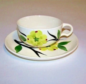 Taza plana y platillo Dixie Dogwood pintados a mano sin marcar - Imagen 1 de 4
