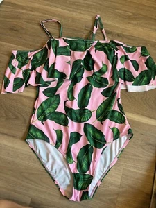 Tempt Me Women's One Piece Bathing Suit Pink Green Size L Tropical Off Shoulder - Picture 1 of 8