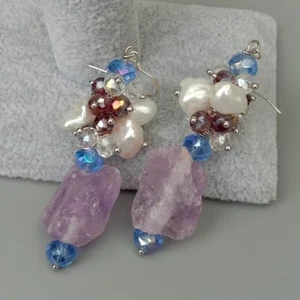 Cultured White Keshi Pearl Amethyst Rough Crystal Silver Hook Dangle Earrings - Picture 1 of 7
