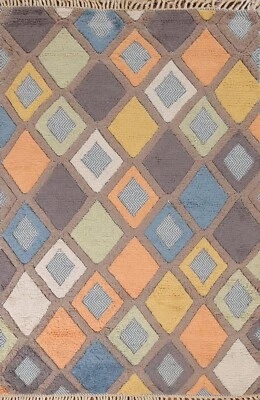 Soft Plush Geometric Modern Moroccan 6x8 Area Rug Multi Level Loop Pile Handmade - Image 1 of 4