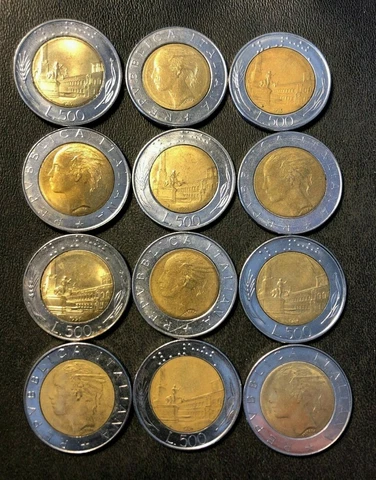 Old Italy Coin Lot - 500 Lire - BI-METAL - Hard to Find - Lot of 12 - FREE SHIP Cover