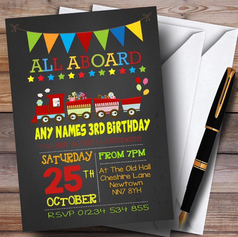 Chalk Bunting Red Train Childrens Birthday Party Invitations - Image 1 of 1