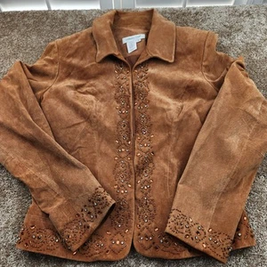 Coldwater Creek Jacket Womens Size Medium Suede Leather Cropped Tan Sequin - Picture 1 of 6