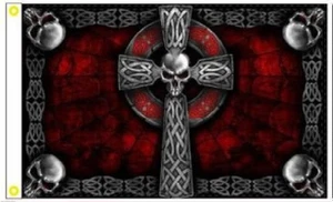 3X5 CELTIC CROSS RED AND BLACK SKULL CROSS FLAG BANNER 100D W/ GROMMETS - Picture 1 of 3