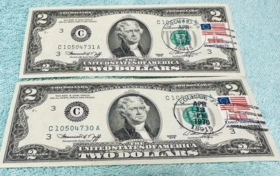 1976 $2 Bicentennial Pristine Commemorative UNC 2 bill set consecutive serial #  - Image 1 of 4