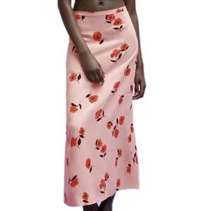 Zara Powder Pink Floral Print Linen Blend Midi Skirt Size S 10 AU/UK (US 6) - Picture 1 of 11
