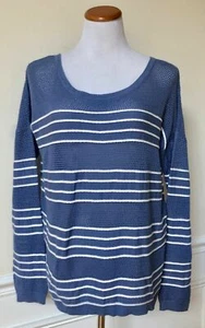 NWT Olive + Oak Blue White Striped Pointelle Crew Neck Sweater Top Long Sleeve L - Picture 1 of 3