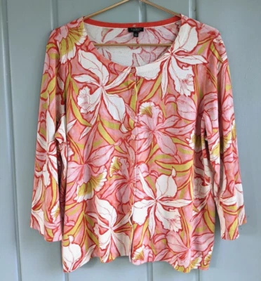 Talbots Womens Petite 2XP Cardigan Sweater Floral Orange Pink Career Work Green - Image 1 of 4