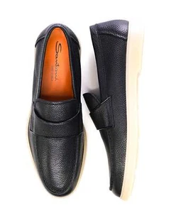 $950 Santoni Black Pebbled Leather Loafers "SUMMER WALK" US 9 (8UK) - Picture 1 of 10