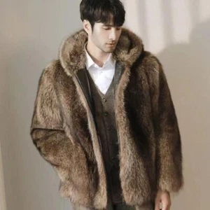 Elegant Men's Real Raccoon Fur Hooded Fashion Coat Thick Warm Luxury Overcoat - Picture 1 of 6