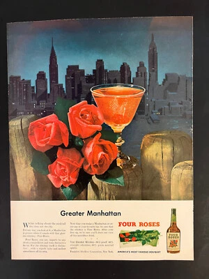 Four Roses VTG 1940s Print Add 10x13 Manhattan Skyline New York Mid Century - Image 1 of 3