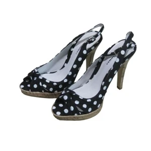 Delicious Navy & White Polka Dot Slingback Bow Adorned Strappy Heels Shoes Sz 6 - Picture 1 of 5