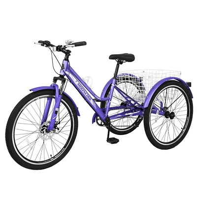 24/26/27.5inch Adult Mountain Tricycle 7Speed 3Wheel Cruiser Trike Bike w/Basket - Image 1 of 4