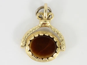 Vintage Spinner Fob 9ct Gold Carnelian Tigers Eye Albert Chain 375 4.9g Dj61 - Picture 1 of 3