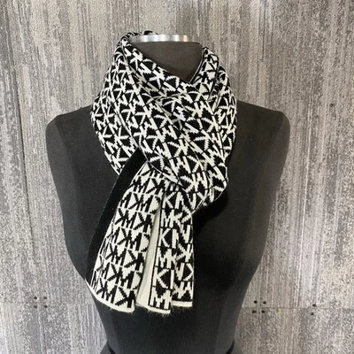 Michael Kors Knit Scarf Black/White MK Signature Logo Monogram 61”x10” - Image 1 of 4