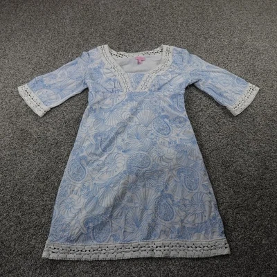 Vestido Lilly Pulitzer para mujer 10 blanco azul bordado Sea Life encaje ribete cuello en V Foto 1 de 4