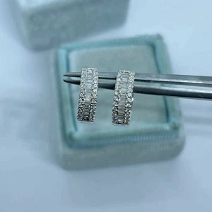 1.50Ct Baguette Lab Created Diamond Huggie Hoop Earrings 14K White Gold Plated - Picture 1 of 4