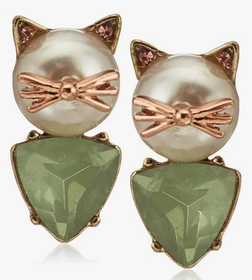 Aretes Betsey Johnson NUEVOS CON ETIQUETAS Gato | Cara de Gato Perla | Delicados Acentos de Piedra Foto 1 de 4