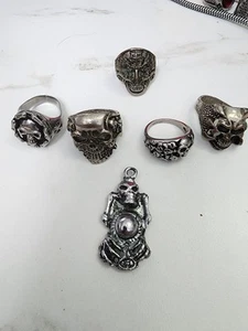 Men’s Skull Biker Rings Lot Of 5 And Skull Pendant - Picture 1 of 7