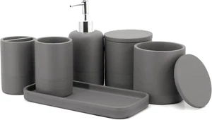 - Grey Bathroom Accessories Set 6 Pcs - Toothbrush Holder, Lotion Soap Dispenser - Picture 1 of 12