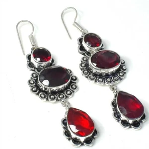 Red Garnet Gemstone Handmade 925 Sterling Silver Jewelry Earring Size 2.6" - Picture 1 of 1