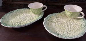 (Two)RARE Majolica Style Ceramic Raised Cabbage Leaf Snack Sets ITALY. Signed - Picture 1 of 5