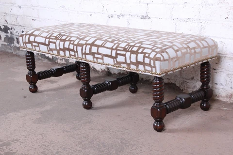 Contemporary Transitional Jacobean Revival Walnut Upholstered Bench Cover