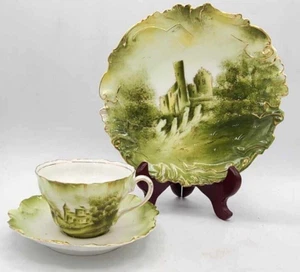 Antique 1800s Hand Painted Scenic Cup, Saucer & Plate Trio. Excellent. Unmarked. - Picture 1 of 18