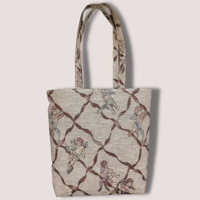 Винтажный херувим ангел гобелен сумка с короткими ручками в кремовый и коричневый - Изображение 1 из 3