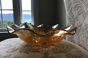 Vintage Amber Iridescent Depression Glass Bowl Jeanette Iris Flowers 11" x 3.25" - Picture 1 of 8