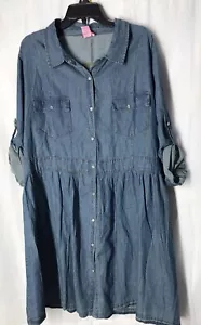 She’s Cool 2x Plus Woman’s Light Denim Dress Button Up Rolled Sleeve Gather Back - Picture 1 of 6