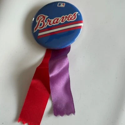 Vintage 1980s Atlanta Braves Pinback Button w/ Ribbon – MLB Fan Memorabilia - Image 1 of 3