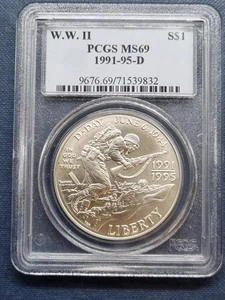 1991 -95 D One Dollar Silver Commemorative WORLD WAR 2 WWII - PCGS MS69 - #92463 - Picture 1 of 2
