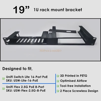 3DFUSIONGB 3D-gedruckte 19" Rackhalterung für UniFi Switch Lite 16 PoE & UniFi Flex 2.5G 8 PoE