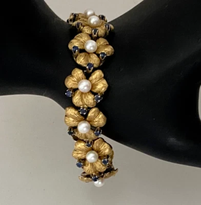 PULSERA VINTAGE ORO 18K ZAFIRO AZUL PERLAS DISEÑO FLOR 34,23 GR ITALIA Foto 1 de 4