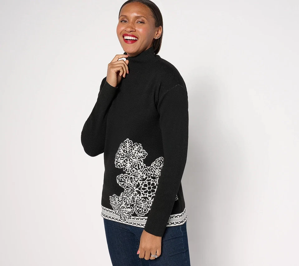 Denim & Co. Suéter Copo de Nieve Cuello Embudo Jacquard Talla GRANDE NEGRO A671832 Foto 1 de 1