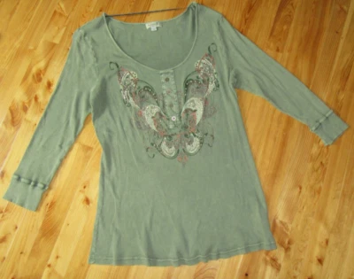 One World 2X Olive Round- Neck 3/4-SL Jeweled Textured Tee Top Great Preowned - Imagem 1 de 4
