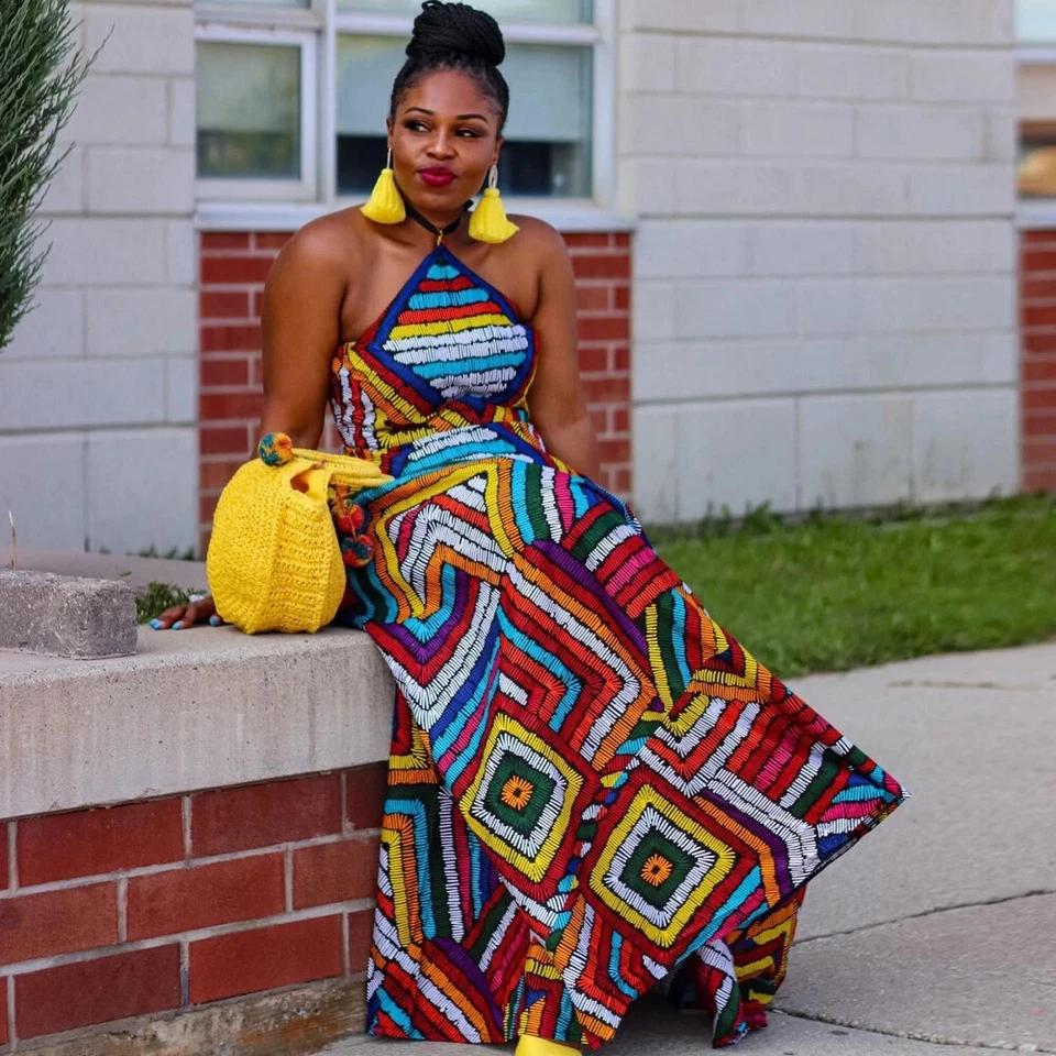 African Dresses For Women Elegant Dashiki Summer Spaghetti Straps Maxi Dress - Image 1 of 4