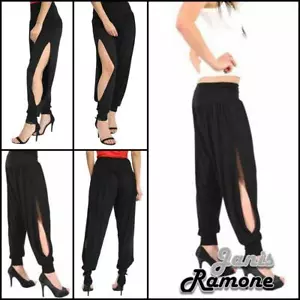 Womens Harem Trouser Side Slit Split Plain Ali Baba Cuffed Bottom Dance Leggings - Picture 1 of 5