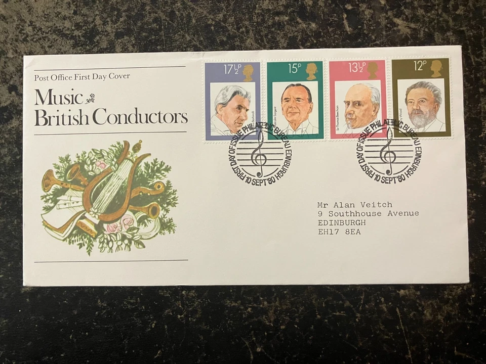 Reino Unido 1980 - Música Directores británicos FDC sellos Oficina Filatélica Edin Foto 1 de 1