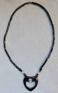 Heart & Bead Hematite  & White Tiger Eye Beaded - Necklace - 19 in Long - Picture 1 of 4