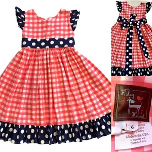 Haley And The hound little girls dress Red Gingham Plaid size 6 blue polka dot - Picture 1 of 12